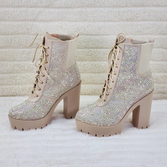 Elegant Beige Rhinestone Ankle Boots - Picture 3 of 14